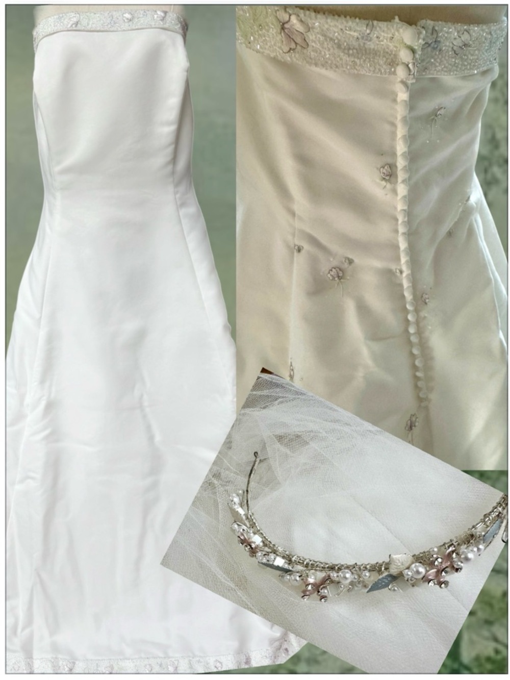 Strapless White Satin Bridal Gown, matching veil and Tiera | Isle Ready  L - XL